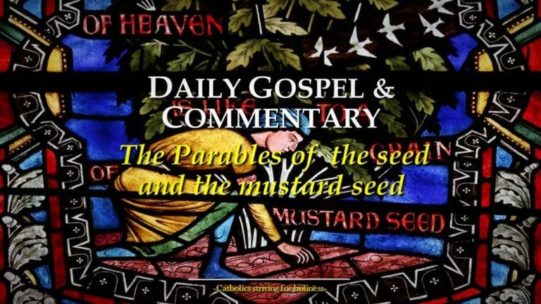 Daily Gospel: PARABLES OF THE SEED AND THE MUSTARD SEED (Mk 4:26–34). Friday, 3rd week of Ordinary Time. 1 a stained glass window with a man and a woman