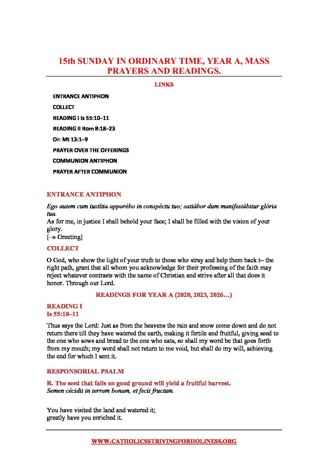 15th SUNDAY IN ORDINARY TIME, YEAR A MASS LEAFLET