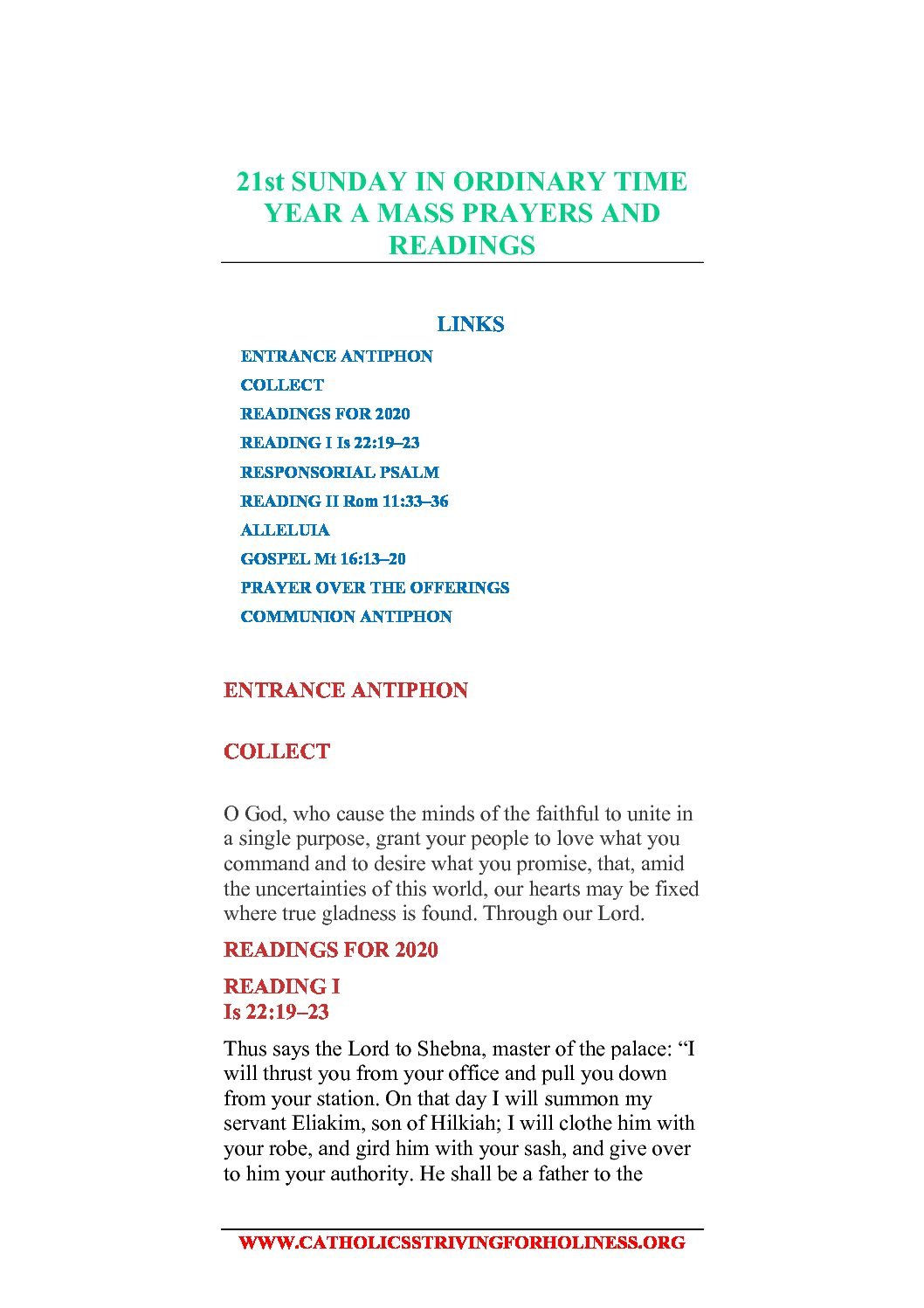 21st Sunday in Ordinary Time Year A Mass prayers and readings