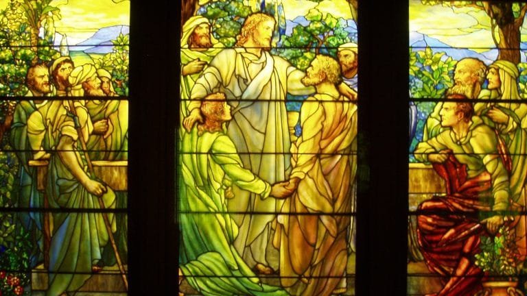 SATURDAY 4TH WEEK IN ORDINARY TIME GOSPEL, COMMENTARY. HIS HEART WAS MOVED WITH PITY FOR THEM (Mk 6:30–34). 1 a stained glass window with a group of people